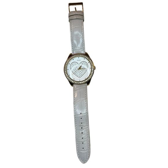GUESS White Leather Heart Dial Crystal Watch Quartz - Picture 4 of 4